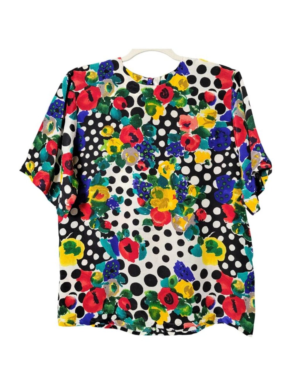 VTG Pat Argenti Silk Colorful Floral Polka Dot Retro 80s Short Sleeve Blouse S